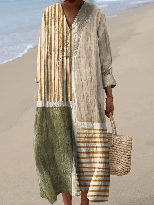 Women’s Maxi Dress – V-Neck – Long Sleeve – Relaxed Fit – Abstract Panel Print
