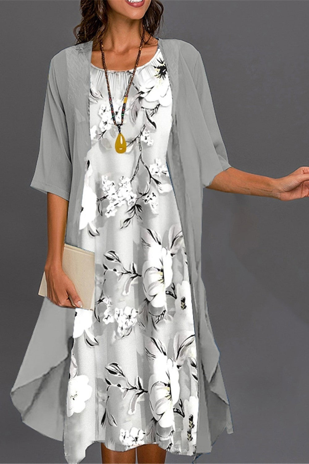Women’s Midi Dress Set – Relaxed Fit – Floral Print – Sheer Jacket