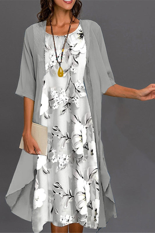 Women’s Midi Dress Set – Relaxed Fit – Floral Print – Sheer Jacket