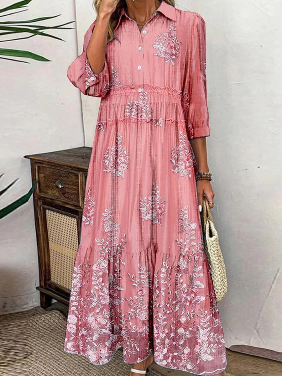 Women’s Maxi Dress – Breathable Blend – A-Line Fit – Tiered Floral – 3/4 Sleeve – Collared