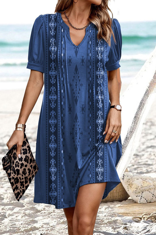 Women’s Mini Dress – Relaxed Fit – V-Neck – Short Puff Sleeve – Geometric Print – Breathable Blend