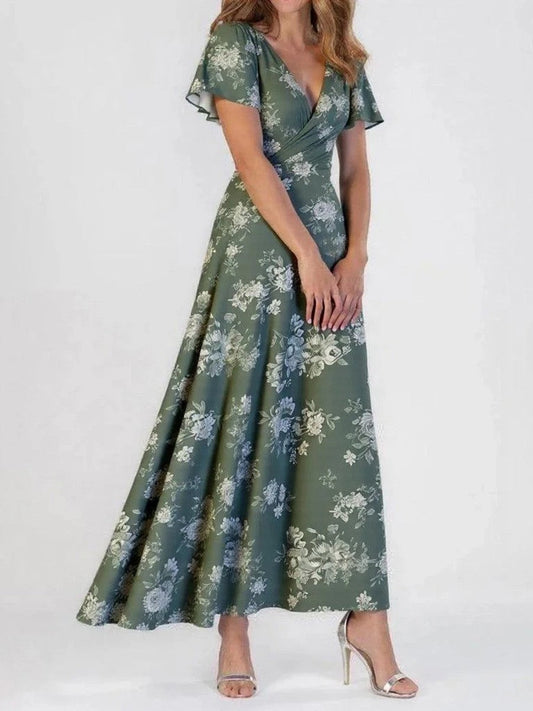 Women’s Maxi Dress – V-Neck – Short Sleeve – Flowy Fit – Floral Print – Luxury Fabric