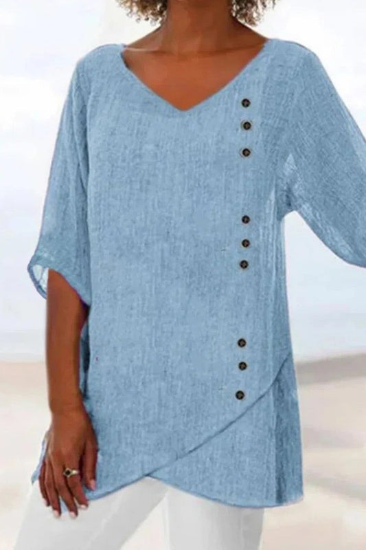 Women’s Blouse – Relaxed Fit – V-Neck – Half Sleeve – Layered Hem – Button Detail