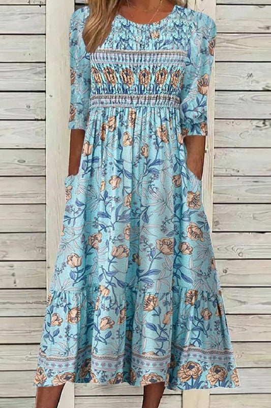 Women’s Midi Dress – Relaxed Fit – Graphic Floral Print – Breathable Blend – Half Sleeve