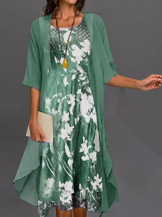 Women’s Two-Piece Midi Dress Set – A-Line Fit – Floral Print – Sheer Layered Jacket – Breathable Blend