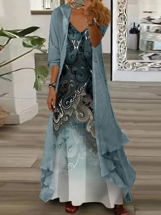 Women’s Maxi Dress Set – Relaxed Fit – V-Neck – Printed – Breathable Blend – Layered
