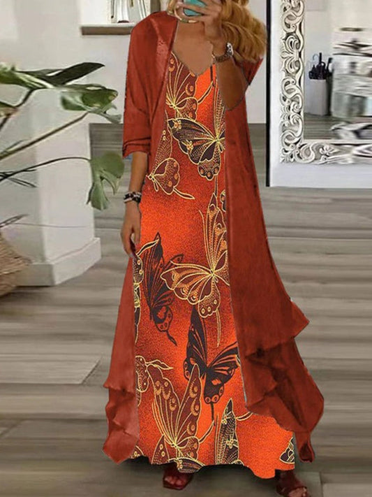 Women’s Maxi Dress Set – Relaxed Fit – Butterfly Print – Sheer Overlay – Casual Style
