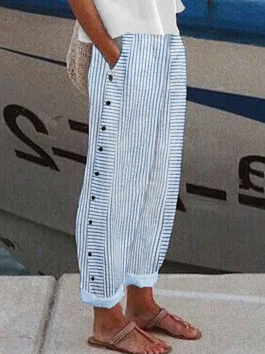 Women’s Wide-Leg Trousers – Relaxed Fit – Breathable Blend – Striped with Side Buttons