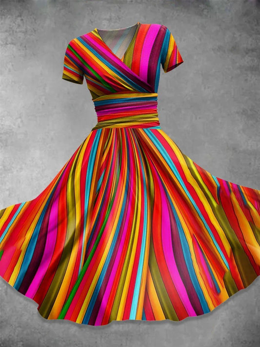 Women’s Casual Dress – V-Neck – Short Sleeve – Fitted Waist – Midi – Stripe Print – Breathable Blend