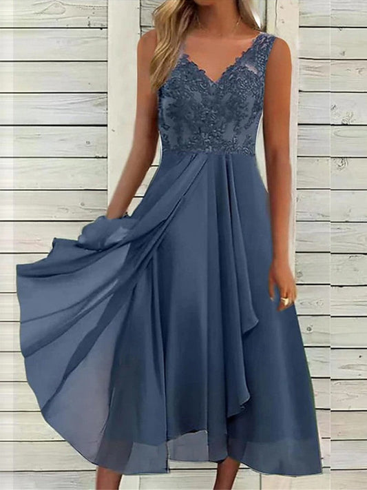 Women’s Midi Dress – Sleeveless V Neck – A-Line Silhouette – Luxury Fabric
