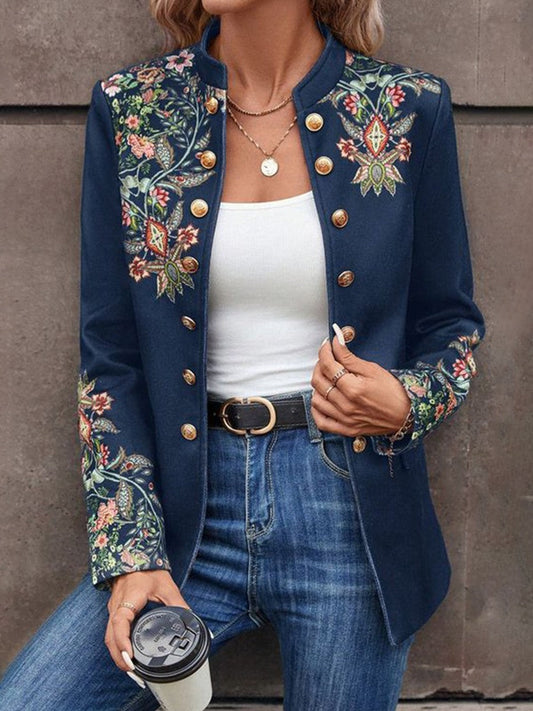 Women’s Collarless Jacket – Tailored Fit – Embroidered Detail – Button Front
