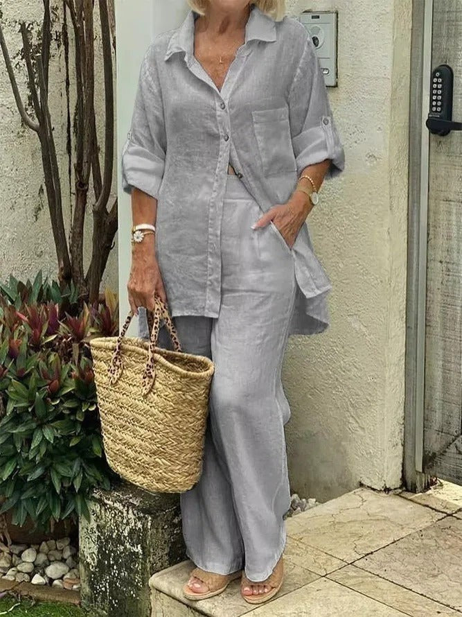 Women’s Two-Piece Set – Relaxed Fit – Natural Fibers – Button Top – Full-Length Trousers