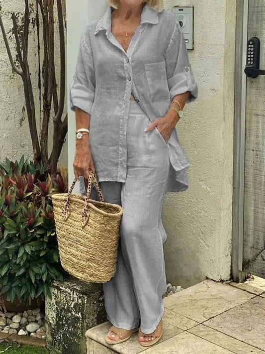 Women’s Two-Piece Set – Relaxed Fit – Natural Fibers – Button Top – Full-Length Trousers