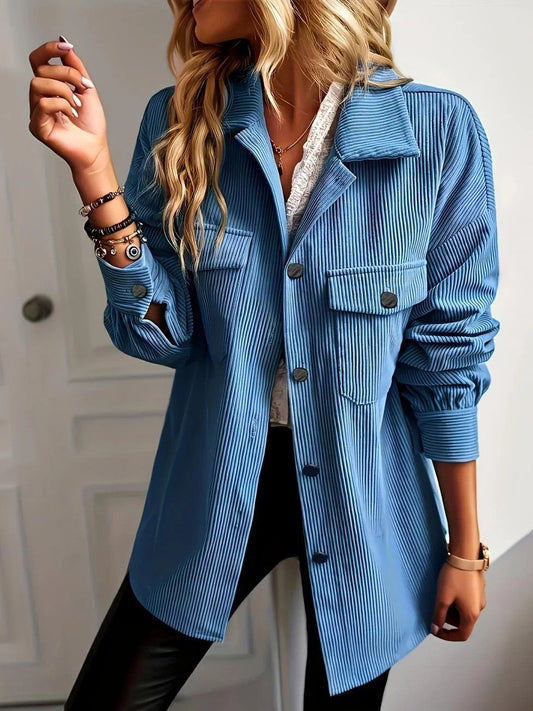 Women’s Jacket – Relaxed Fit – Ribbed Texture – Shawl Collar – Button Front – Chest Pockets