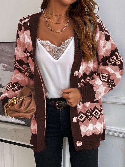 Women’s Sweater Coat – Soft Knit – Oversized Fit – Ethnic Pattern – Button Front