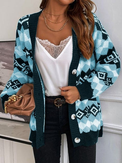 Women’s Sweater Coat – Soft Knit – Oversized Fit – Ethnic Pattern – Button Front