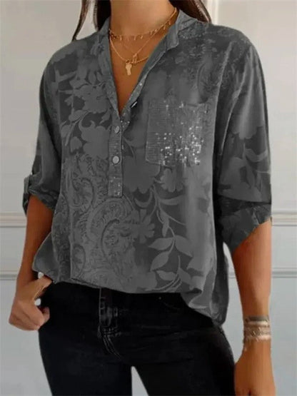 Women’s Tunic Blouse – Relaxed Fit – Long Sleeve – Floral Print – Luxury Fabric