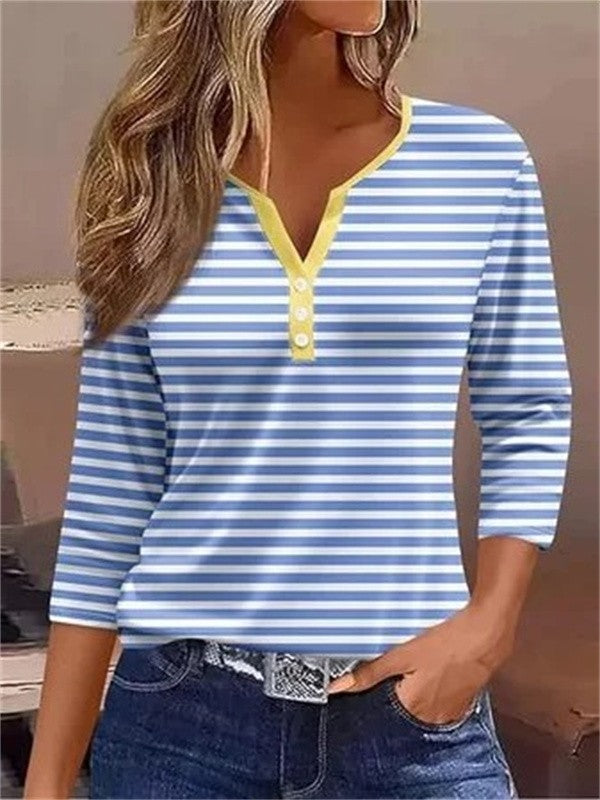 Women’s V-Neck Tee – Soft Knit – Relaxed Fit – Striped – Three-Quarter Sleeve