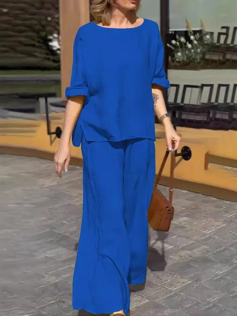 Women’s Two-Piece Set – Relaxed Fit – Breathable Blend – Half Sleeve Top – Wide Leg Trousers