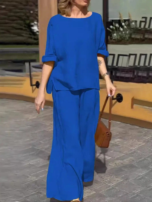 Women’s Two-Piece Set – Relaxed Fit – Breathable Blend – Half Sleeve Top – Wide Leg Trousers