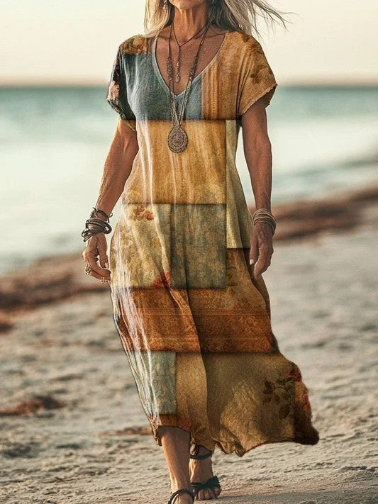 Women’s Maxi Dress – V-Neck – Short Sleeve – Relaxed Fit – Breathable Blend – Patchwork
