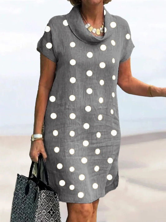 Women’s Mini Dress – Relaxed Fit – Short Sleeve – Crew Neck – Polka Dot – Breathable Blend