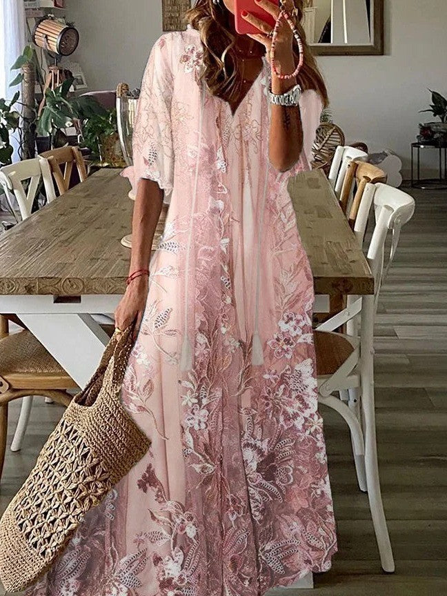 Women’s Maxi Dress – Lace Floral Design – Loose Fit – V Neck – Half Sleeve Breathable Blend