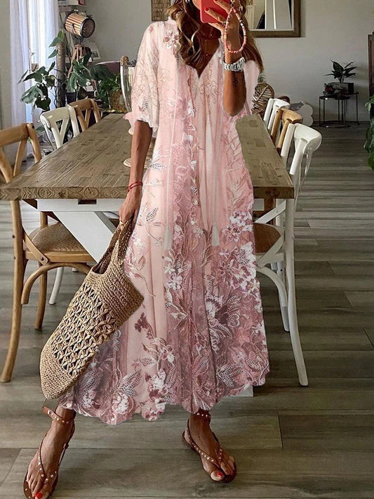 Women’s Maxi Dress – Lace Floral Design – Loose Fit – V Neck – Half Sleeve Breathable Blend