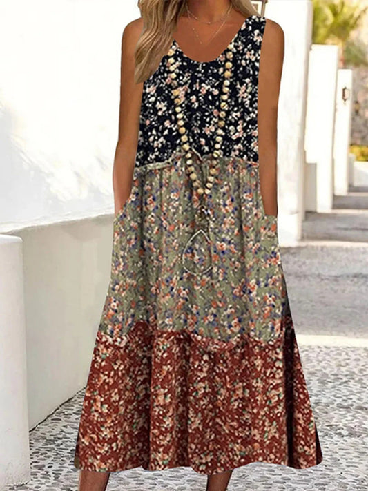 Women’s Midi Dress – Loose Fit A-Line – Sleeveless V-Neck – Tiered Floral Print