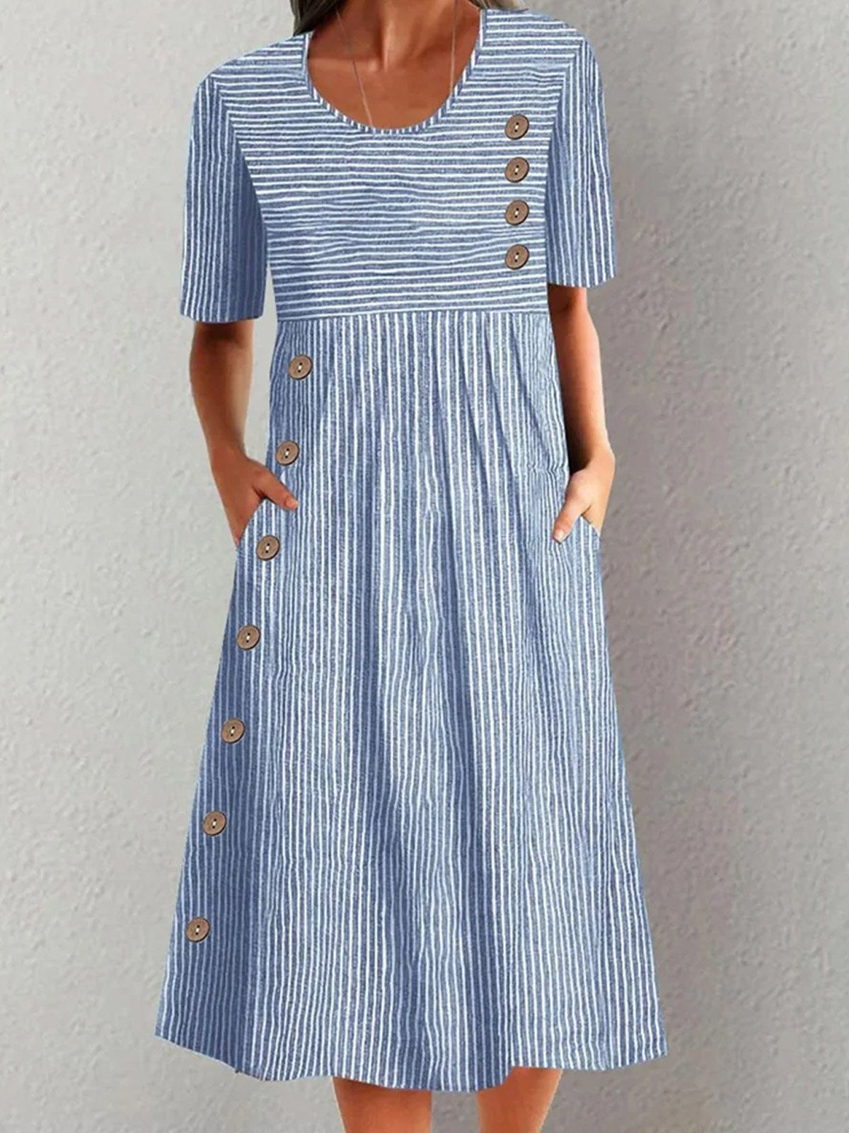 Women’s Midi Dress – Relaxed Fit – Striped Pattern – Crew Neck – Short Sleeve – Natural Fibers