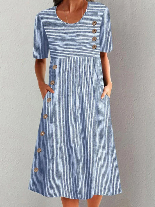 Women’s Midi Dress – Relaxed Fit – Striped Pattern – Crew Neck – Short Sleeve – Natural Fibers