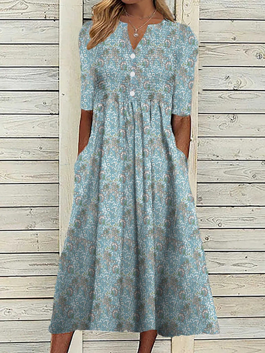Women’s Midi Dress – Relaxed Fit – V-Neck – Floral Print – Breathable Blend – Pockets