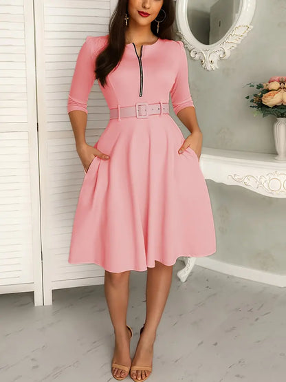 Women's Fit-and-Flare Dress - Three-Quarter Sleeves - Round Neck with Zipper - Belted Waist - Knee Length - With Pockets