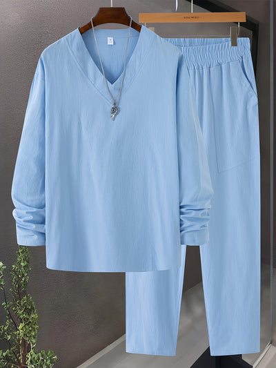 Men’s Loungewear Set – V-Neck Long Sleeve Top – Relaxed Fit Trousers with Pockets