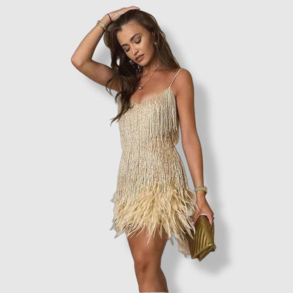 Women's Evening Dress - Fitted Silhouette - Sequin Fringe Detailing - Feather Hem