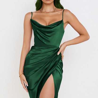 Satin Dress with Ruffles and Slim Straps