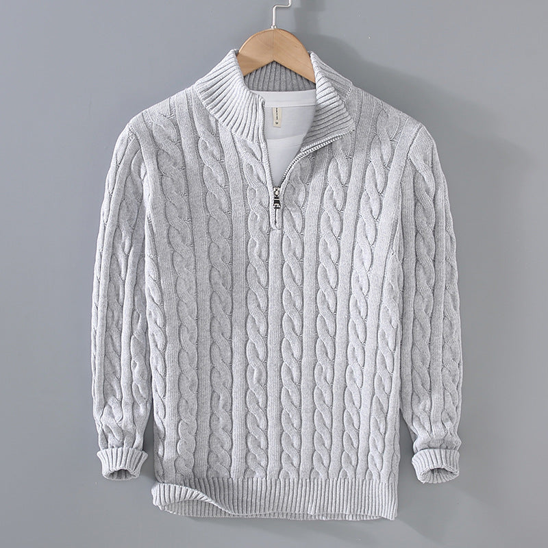 Men's henley sweater with cable pattern and zipper