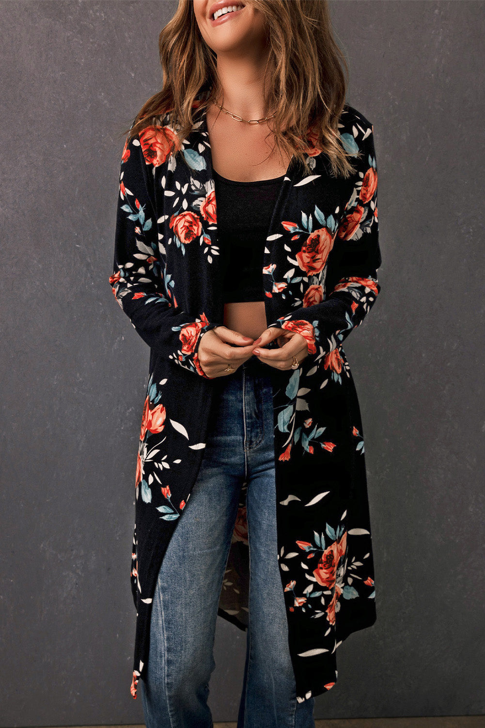 Women's printed open front long cardigan