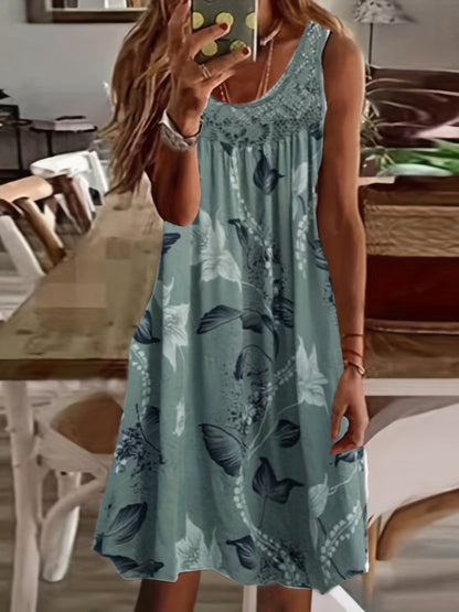 Women's Floral Print Maxi Tank Dress with Round Neck