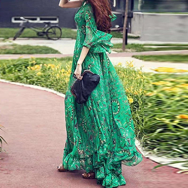 Women's Maxi Dress - Flowing Loose Fit - V-Neck - 3/4 Sleeve - Boho Print Elegant Wear