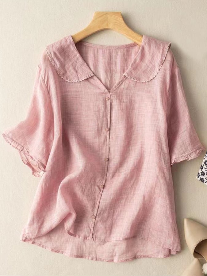 Women's cotton and linen retro short sleeved navy doll collar thin shirt