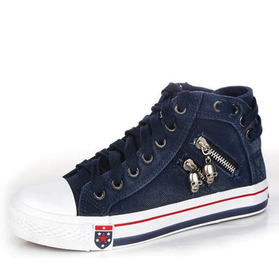 Women's High-Top Sneakers - Denim Fabric - Lace-Up - Casual Comfortable Footwear