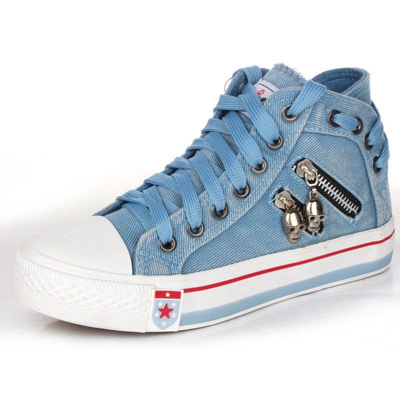 Women's High-Top Sneakers - Denim Fabric - Lace-Up - Casual Comfortable Footwear