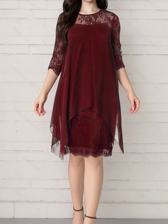 Women’s Chiffon Dress – A-Line Relaxed Fit – Lace Sleeves – Layered Midi Length