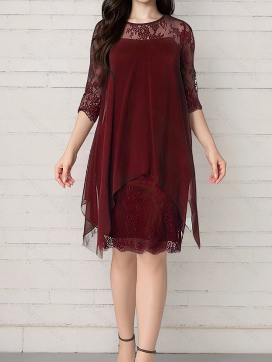 Women’s Chiffon Dress – A-Line Relaxed Fit – Lace Sleeves – Layered Midi Length
