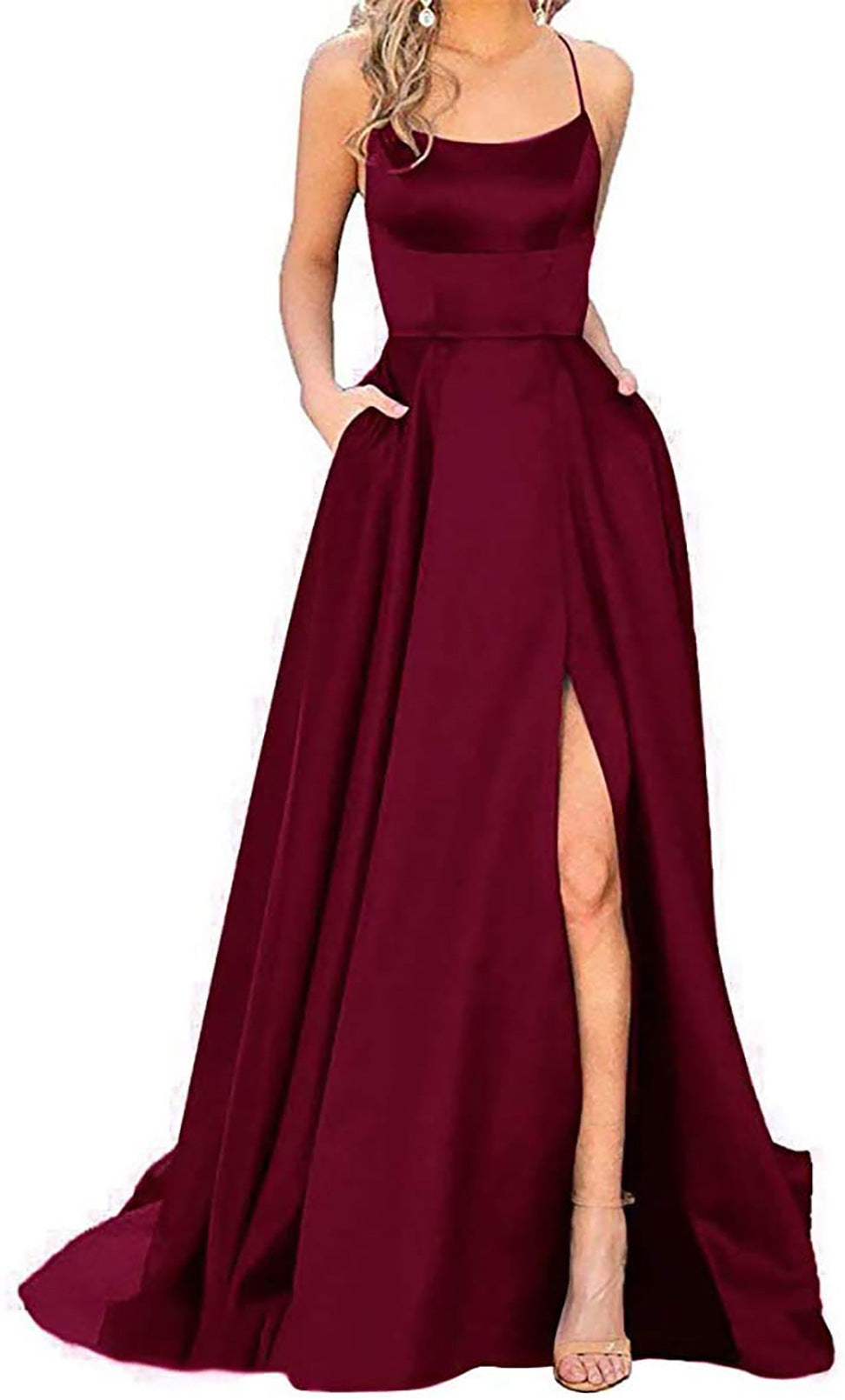 Women’s Maxi Dress – Slim Fit Bodice – Flowing Skirt – Spaghetti Straps – Side Slit