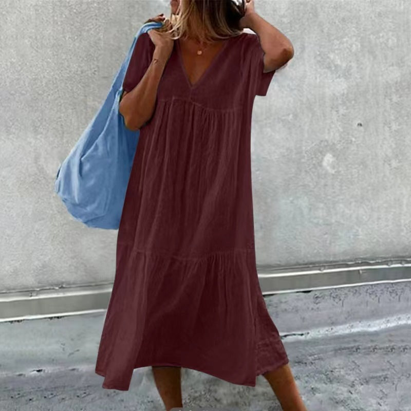 Women's Midi Dress - V-Neck - Short Sleeve - Loose Tiered Lightweight Casual Wear