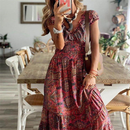 Women's Maxi Dress - V-Neck - Shirred Waist - Casual Fit - Boho Print
