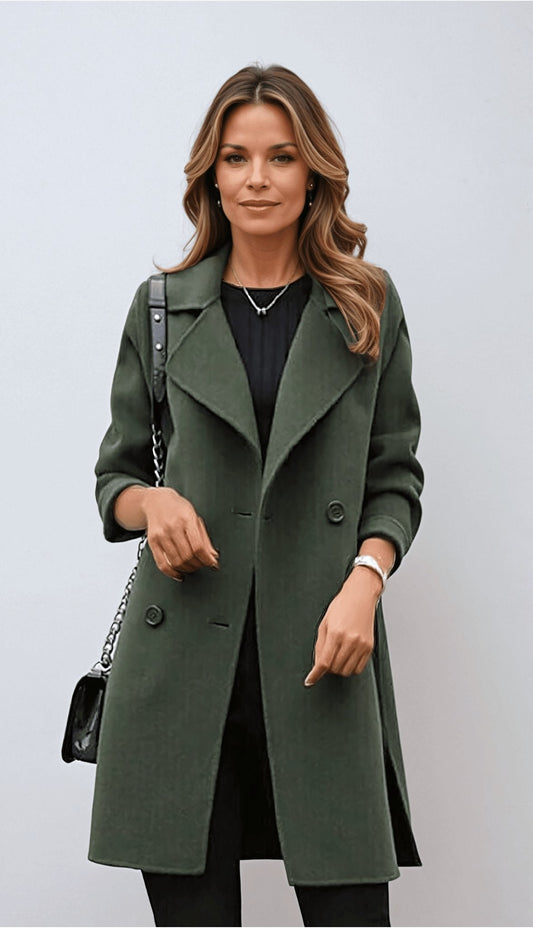 Women’s Double-Breasted Coat – Structured Fit – Wool Blend – Wide Lapels – Knee Length