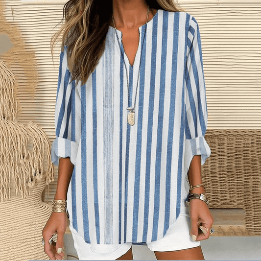 Women’s Tunic Top – Relaxed Fit – V-Neck – 3/4 Sleeve – Striped – Natural Fibers